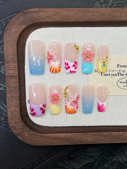 10pcs Y2K Nails Pipe-Shaped Press On Nails Set - Handcrafted, Pink Nails, Blue Nails, Blue And Yellow French Tip Nails, Handmade 3D Flower, 3D Pink Flowers Nails Art, Hand Drawn Pink Flowers And Flower Branch Design, Hand Drawn Gradient Nails, Sparkling Gold Rhinestone Decoration