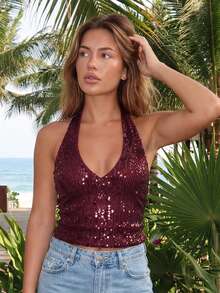 Women's Summer Solid Sequin Halter Deep V Neck Backless Slim Fit Tank Tops  Soft Top For Party  Date - Burgundy - View 3