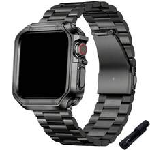 适用于 Ultra/11/10/9/8/7/SE/6/5/4/3 的不锈钢表带搭配 TPU 坚固保护壳，金属表带带防震保护套，适用于 49mm、46mm、45mm、44mm、42mm、41mm、40mm 和 38mm 表盘，奢华商务表带，附赠安装工具，男女通用 - 黑色 - 查看 11