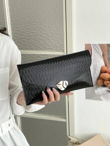 2026 New Glossy Envelope Clutch Bag, High-End Elegant Evening Bag, Versatile Korean Style Minimalist Large Capacity Flap Lock Shoulder Envelope Bag - Black - View 3