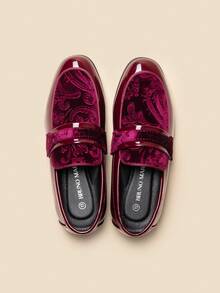 Boys Dress Shoes Slip-On Loafers Tuxedo Patent Classic Velvet Shoes(Runs Small, Please Order One Size Up) - 酒紅色 - 查看 1
