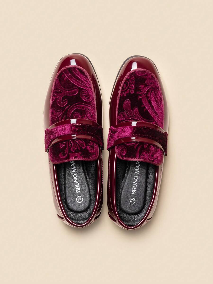 Boys Dress Shoes Slip-On Loafers Tuxedo Patent Classic Velvet Shoes(Runs Small, Please Order One Size Up) - 酒紅色 - 查看 1
