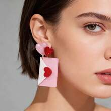 1 Pair Of Pink Envelopes And Heart-Shaped Earrings, A Daily Gift For Girls, Suitable For Valentine's Day, Parties, Mother's Day Gifts, Women's Accessory Earring Set Earrings, Summer, Beach, Bohemian, Women's Earrings - 信封 - 查看 4