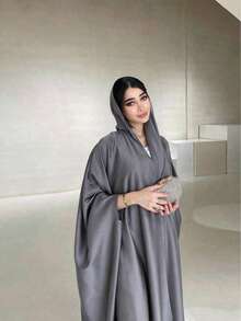 Minimalist Elegant Fashion Soft Glow Batwing Sleeve Abaya - Grey - View 3