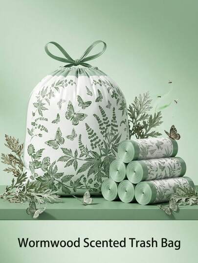 Mugwort Scented No Tear Drawstring Garbage Bags Thickened Large Capacity Heavy Duty Hand-Held Kitchen Trash Bags Leakproof Strong Resilience White Green Botanical Pattern Butterfly Dragonfly Scented Plastic Bags Perforation-Free Bulk