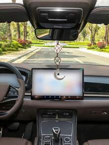 Natural Crystal Rearview Mirror Hanging Decor, Moon & Star Design, Boho Style Home & Auto Accessory - A - View 1