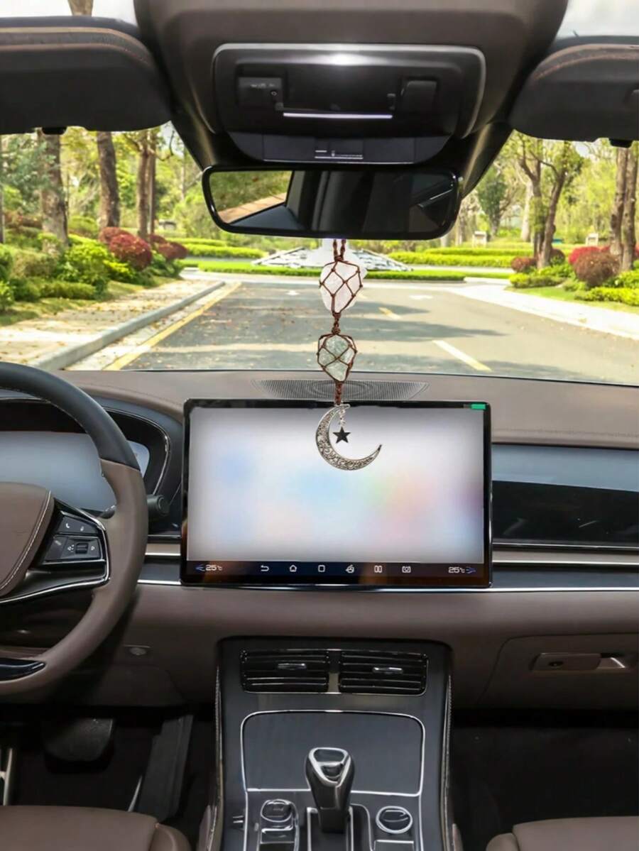 Natural Crystal Rearview Mirror Hanging Decor, Moon & Star Design, Boho Style Home & Auto Accessory - A - View 1