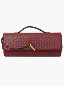 多色编织斜挎包、单肩包、方包、手拿包、派对包，复古简约人造编织纹理安哥拉红复古搭扣翻盖长款钱包手拿包、单肩包，适合正式场合、日常搭配、婚礼派对优雅之选、小手提包 - 酒紅色 - 查看 12