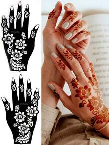 2 Pcs Gorgeous Floral Mehndi Tattoo Stencils, Featuring 3D Flowers And Scroll Patterns For An Exotic Retro Style, Ideal For Henna Art, Parties And Exotic Looks,Adding A Delicate Exotic Vibe And Details To Your Hands - Black - View 12