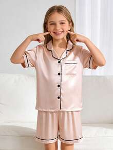 Tween Girl Pink Single-Breasted Short Sleeve Top And Shorts Pajama Set - Multicolor - View 6