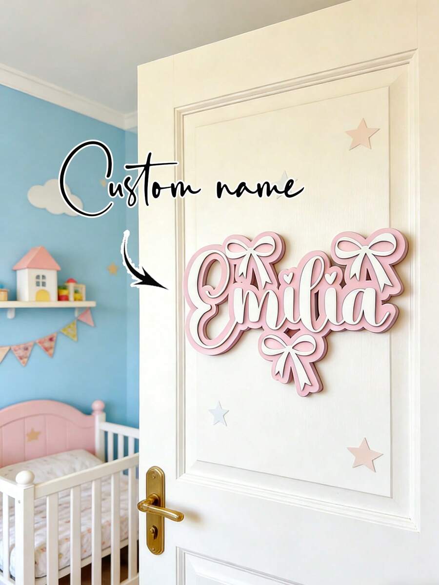 1pc Personalized Bow Nameplate For Kids Room Decor. This Exquisite Double-Layer Bow Nameplate Is Cut From 5mm Thick Wooden Board (Total Thickness 10mm). Back To School Gift - Black - View 1