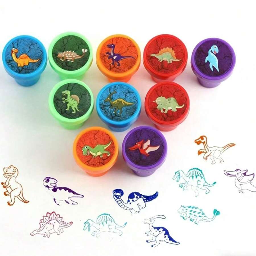 20个恐龙动物印章套装(含印泥),动物主题生日派对用品,派对礼物,教师奖励,卡通风格,适合冬季和新年 - 彩色 - 查看 1