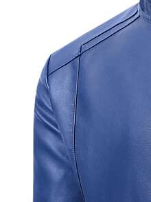 AHTELB Men's PU Leather Jacket, Casual Retro Riding Motorcycle Jacket, Spring Autumn Sports Jacket, Black Stand Collar Solid Color Leather Jacket For Men - Blue - View 5