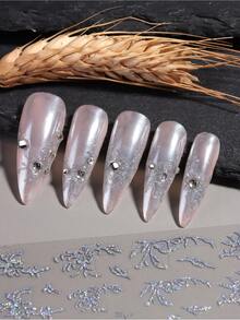 2片装3D金银闪粉不规则线条花朵美甲贴纸，自粘金属花卉美甲贴花，抽象线条花瓣设计，闪亮亮片花朵美甲贴纸，适合女性女孩DIY美甲装饰用品，奢华闪亮花卉美甲配件 - 彩色 - 查看 5