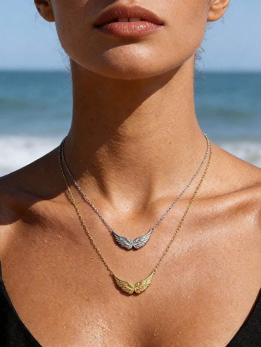 1pc Minimalist Stainless Steel Personalized Angel Wing Pendant Necklace, Luxury Vintage Style Necklace - Wing Necklace - View 1