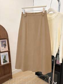 女士时尚黑色A字中长裙 - 高腰，A字裙摆设计，涤纶面料，适合通勤或休闲穿着，四季皆宜（无需腰带）春季 - 淺卡其色 - 查看 5