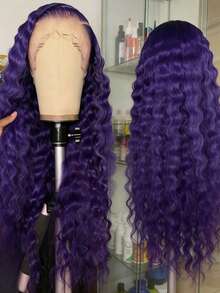 Violet Purple Deep Wave Lace Front Wigs Human Hair With Baby Hair 13x4 HD Transparent Kinky Curly Lace Frontal Wig For Women Brazilian Remy 250 Density Dark Purple Glueless Wigs Human Hair Pre Plucked Bye Bye Knots For Daily Life - Tím hoa violet - Xem 3