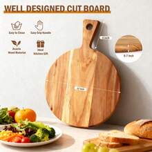 Wood Charcuterie Board With Handle - 12 Inch Round Serving Tray, Multi-Functional Cutting Board For Kitchen, Cheese, Bread - Multicolor - View 4