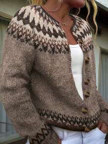 Women's Knitted Long Sleeve Regular Length Ribbed Knit Sweater With Fair Isle Pattern Cardigan - Maroon - View 6