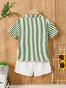 2pcs/Set Boys Striped Mandarin Collar Short Sleeve Shirt And Shorts Set - Dark Green - View 2