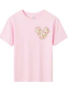 Disney Minnie Mouse Sweet Treats Double-Sided Printed Pattern T-Shirts For Girls - Children's Clothing Design Short-Sleeved Casual And Cute Style Comfortable And Casual Wear All Year Round Suitable For Parties And Play Machine Washable Gift Children's Clothing Girls' Short-Sleeved Shirts - 粉色 - 查看 2