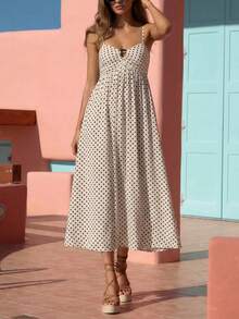 New Fashionable Elegant Polka Dot All-Over Print Contrast Color Casual Bohemian Hollow Out Dress, Suitable For Vacation, Beach, All Seasons White Summer - White - View 1