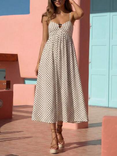 新款时尚优雅波点印花撞色休闲波西米亚镂空连衣裙，适合度假、海滩、所有季节