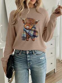 女士休闲保暖奶牛印花上衣，返校季，2026年开学第一天 - 駝色 - 查看 5