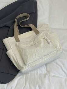 1个白色灯芯绒单肩手提包，简约轻便大容量女士单肩包，大学/学校休闲手提包，带多个口袋 - Pearl White - 查看 3