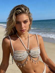 Pearl Chain Bra Beaded Tassel Halter Camisole Body Chain Jewelry For Women Rave Nightclub Party Outfit - White - View 8