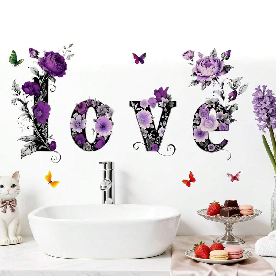 1件 2026 MS-JR015-016 新款个性化 LOVE 盛开牡丹花蝴蝶墙贴，适用于卧室、橱柜、客厅 - 多色 - 查看 1