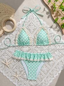 Bộ bikini ren chấm bi màu xanh bạc hà, kiểu dáng tankini năng động và ngọt ngào với viền bèo nhún, lý tưởng cho kỳ nghỉ hè trên bãi biển. - Nhiều màu - Xem 1