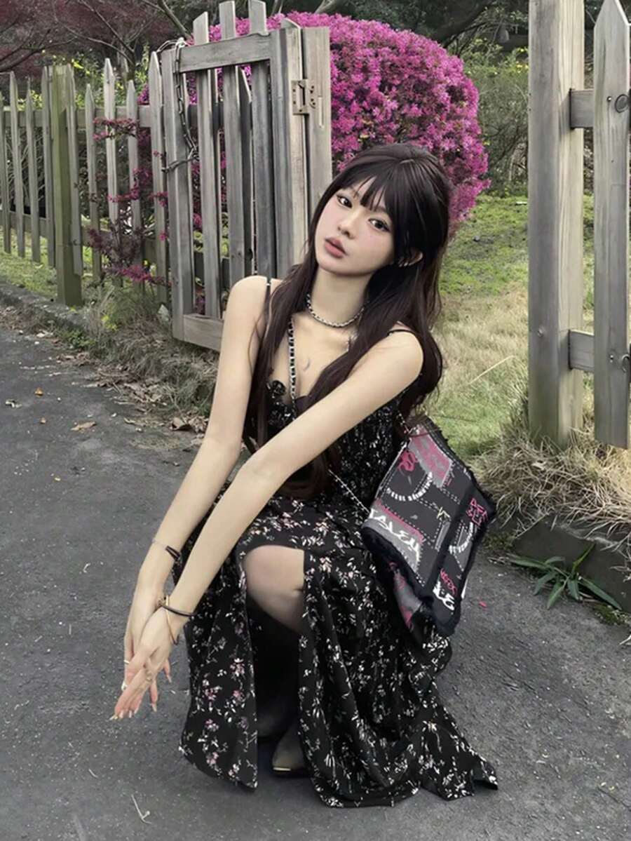 女士花卉波西米亚风优雅可爱荷叶边层叠休闲晚宴派对中长连衣裙 - 黑色 - 查看 1