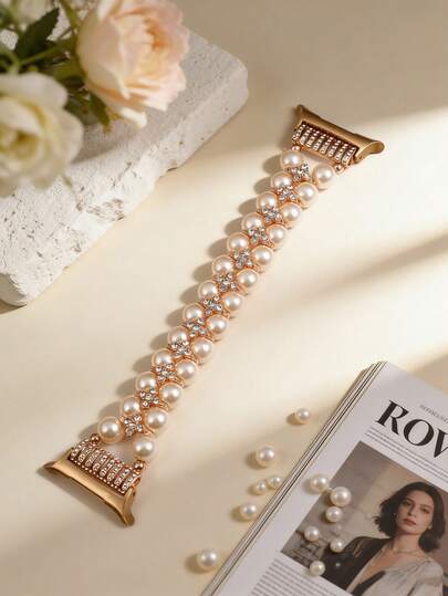 1pc Handmade Pearl & Metal Rhinestone Watch Band, Suitable For Samsung Galaxy Watch8 Classic, Galaxy Watch7 Ultra 47mm, Ideal Gift For Family, Girlfriend, Holidays