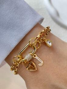 1pc Gold Letter Bracelet, White Diamond Screw Clasp Chain, Stainless Steel Chain, Fashionable Multi-Pearl Bracelet, Unique Luxury Women Bracelet - Yellow Gold - View 22