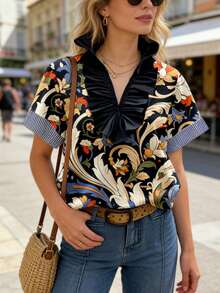 女士休闲春夏宽松褶皱荷叶领条纹拼接蓝白瓷白V领短袖衬衫 - 彩色 - 查看 8