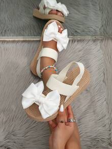 Kate Miuch 春夏新款欧美简约甜美浪漫蝴蝶结弹力白色女士凉鞋，适合情人节、母亲节、海滩约会、夏季穿着；波西米亚风少女校园浪漫休闲轻便透气白色卡其色女士平底凉鞋、坡跟凉鞋 - 白色 - 查看 6