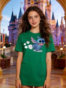 Disney Authorized Women's Casual Short Sleeve T-Shirt, Lilo & Stitch Running Print, Energetic Girl Style, Breathable Comfortable Fabric, Machine Washable, All-Match For Daily Wear - 綠色 - 查看 1