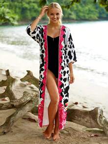1pc Women's Cow Print Color Block Floral Trim Long Cover Up, Loose Fit Vacation Style Lightweight Kimono Swimsuit Cover Up Beach Summer - Multicolor - View 2