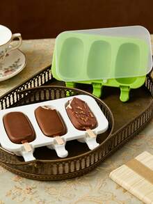 1pc 3-Cavity Oval Silicone Ice Pop Mold, DIY Ice Cream Popsicle Maker, Comes With Lid And 50pcs Wooden Sticks - Multicolor - View 4