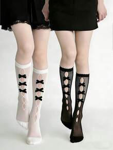 1双洛丽塔黑白过膝袜，蝴蝶结镂空设计，可爱法式女仆风腿套 - 彩色 - 查看 1