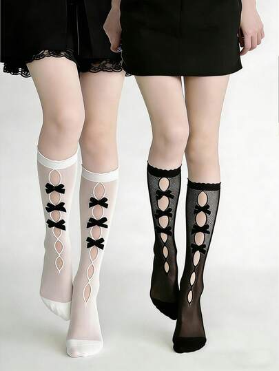 1双洛丽塔黑白过膝袜，蝴蝶结镂空设计，可爱法式女仆风腿套