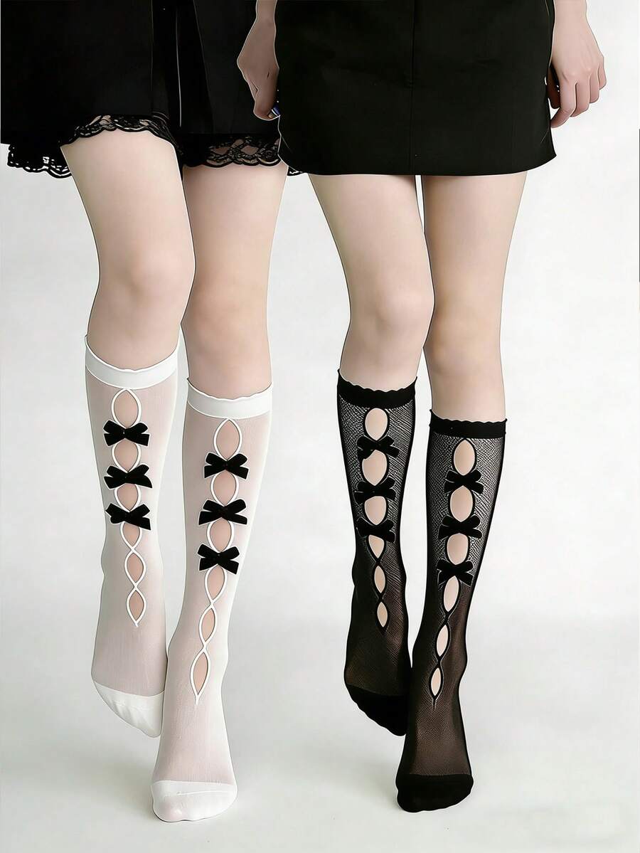 1双洛丽塔黑白过膝袜，蝴蝶结镂空设计，可爱法式女仆风腿套 - 彩色 - 查看 1