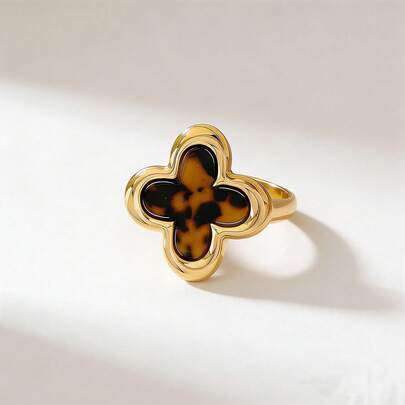 1pc Fashionable Western-Style Metal Leopard Print & Middle Eastern Flower Cocktail Ring, Suitable For Party, Eid Celebration