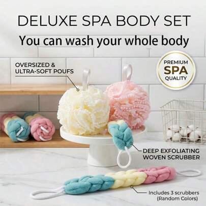 Exfoliating Spa Bath Sponge Set For Home Use, Face & Body Scrub Sponge, Rich Lather, Enjoy Bubble Bath At Home, Neutral Bathroom Essentials, Personal Care Tools, Shower Necessities, Bathroom Supplies (Random Color)