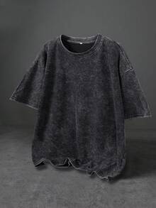 男士休闲街头赛车图案T恤，修身水洗棉混纺黑色圆领短袖T恤，日常穿着 - 黑色 - 查看 2