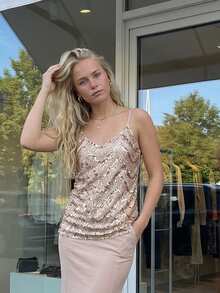 Womens Gold Sequin Camisole Sleeveless Spaghetti Strap Scoop Neck  Pattern Tank Tops - Gold - View 4