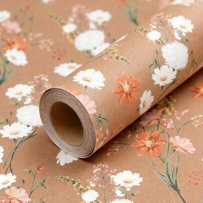 43cm X 300cm (17" X 118") Floral Wrapping Paper Roll | Multipurpose Kraft Paper, Ideal For Valentine's Day, Weddings, Birthdays, Gifts, Holidays And Celebrations - Versatile Design Made Of Kraft Paper