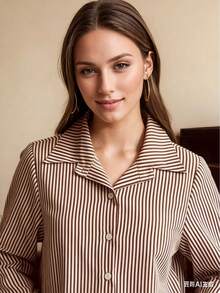 Steve Store Women's Fashion Striped Long-Sleeved Button-Down Shirt, Elegant And . - 棕色 - 查看 3