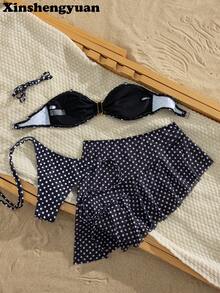 三件套新年情人节套装，系带女士泳裤，荷叶边褶皱迷你裙，波点吊带比基尼套装（含系带裙），性感休闲泳装，可拆卸胸垫，节日搭配套装，夏季沙滩装，冬季温泉泳装及短裤度假 - 彩色 - 查看 2